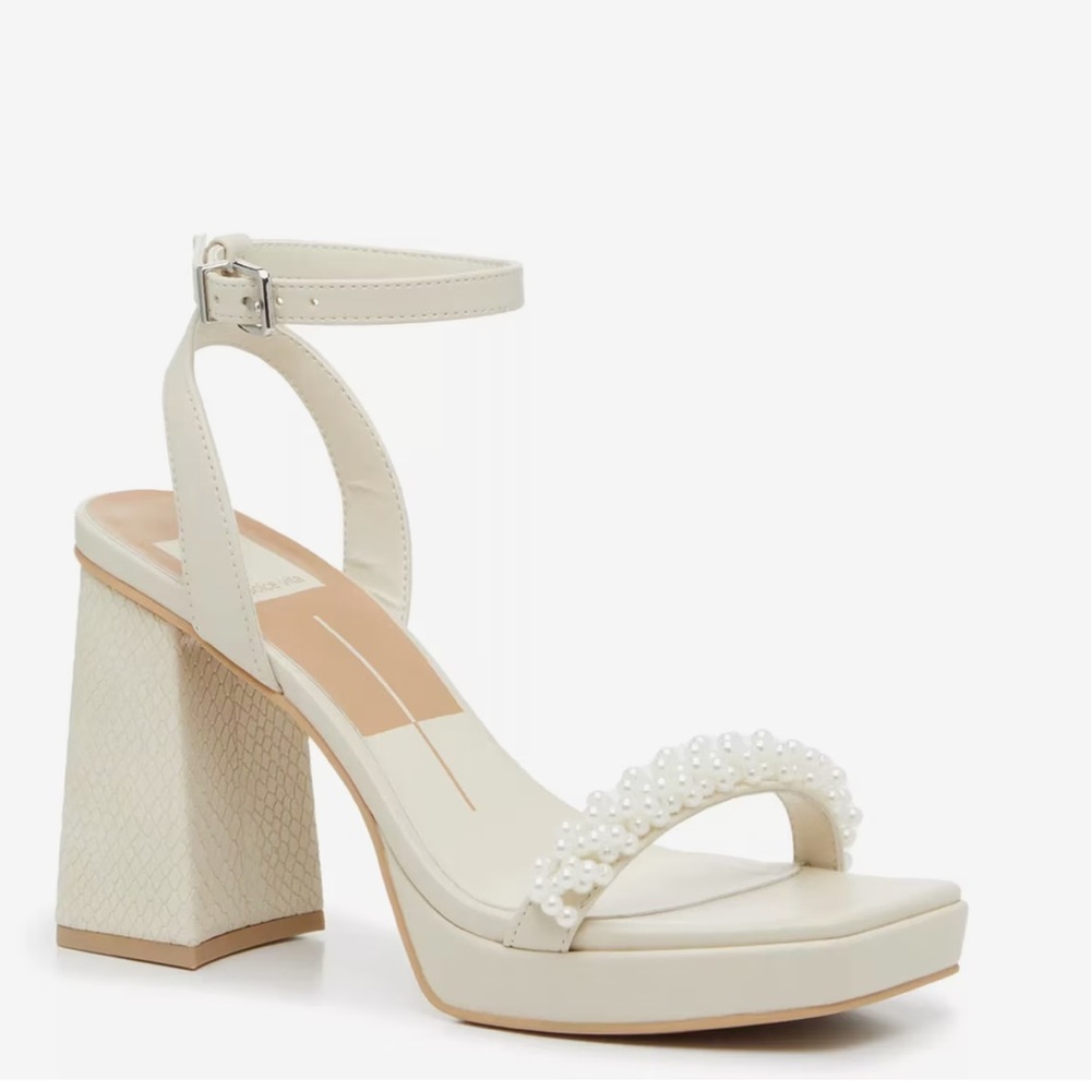 Dolce Vita Cream Pearl-Embellished Block Heel Sandals